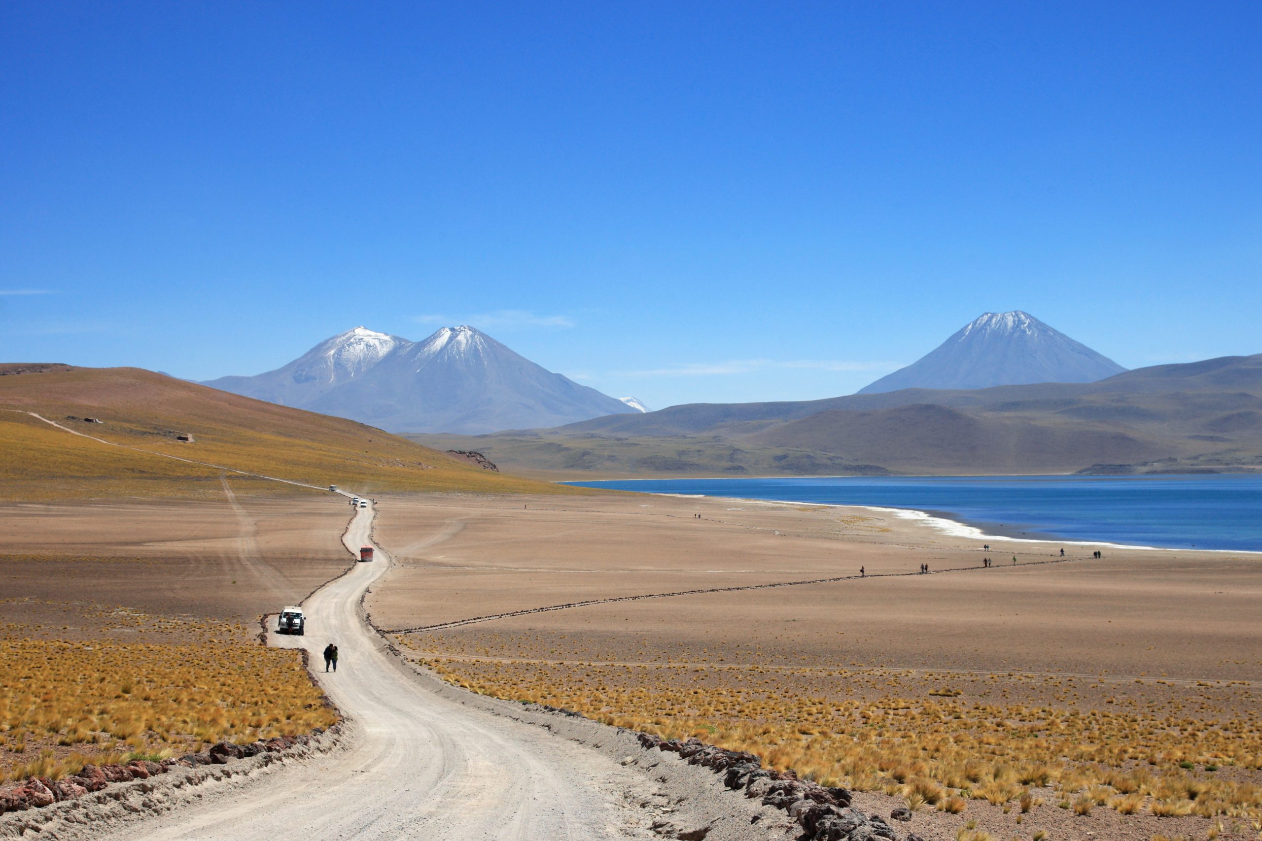 Chile Atacama road lake and volcanoes