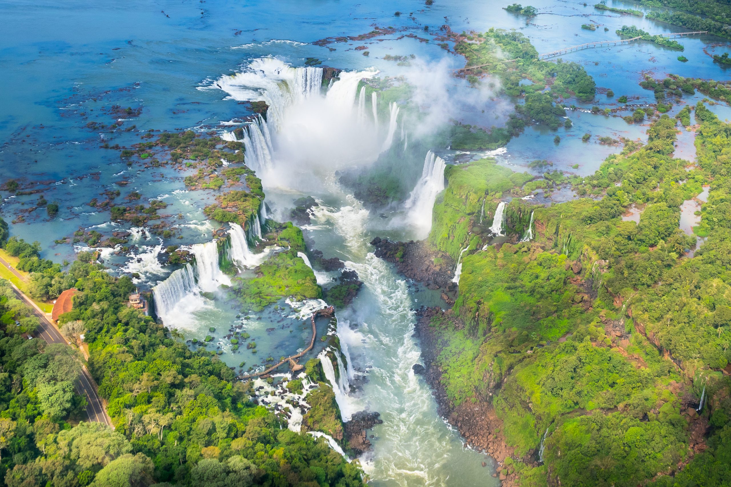 Iguazu Falls aerial with green jungle